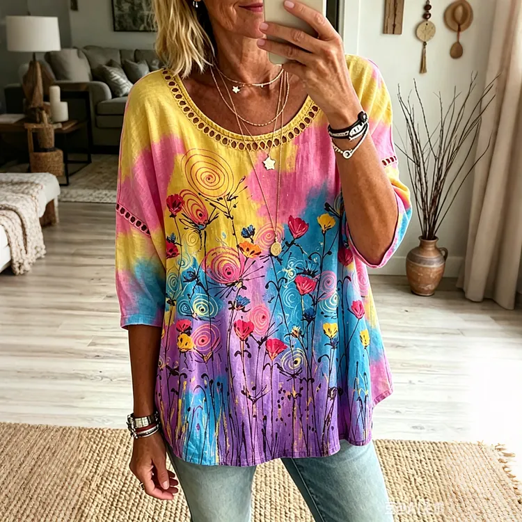 Women's Retro Floral Hippie Vibes Art Print Flowy Linen Blend  Linen Tops
