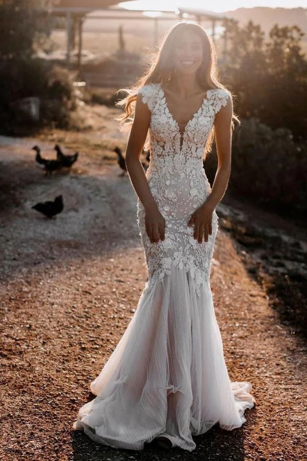 Daisda Elegant Sweetheart Backless Long Mermaid Wedding Dress With Tulle Lace