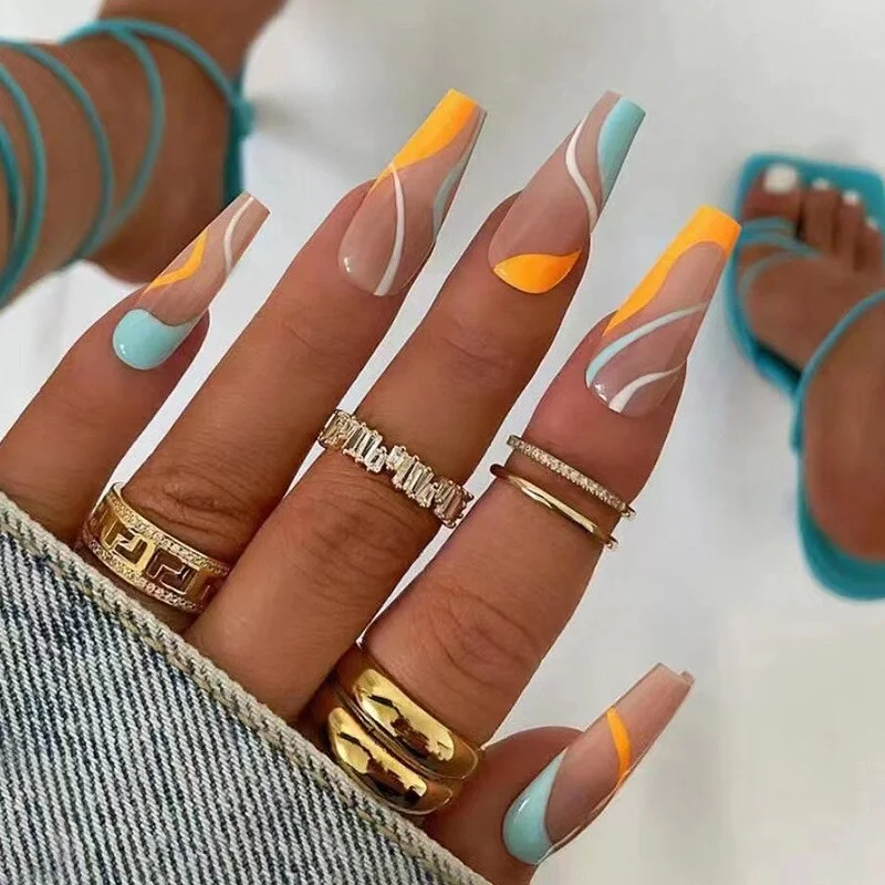 Applyw Summer False nails with designs Charms Flame Long Ballerina Fake Nails Wearable Coffin french Nails Tips Press On Nails