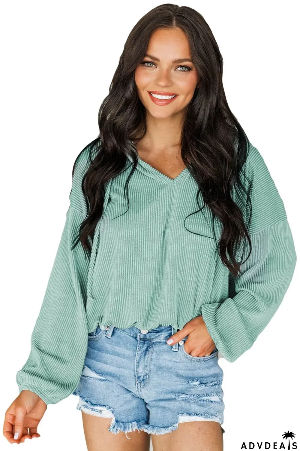 Green Loose Fit Ribbed V Neck Hoodie