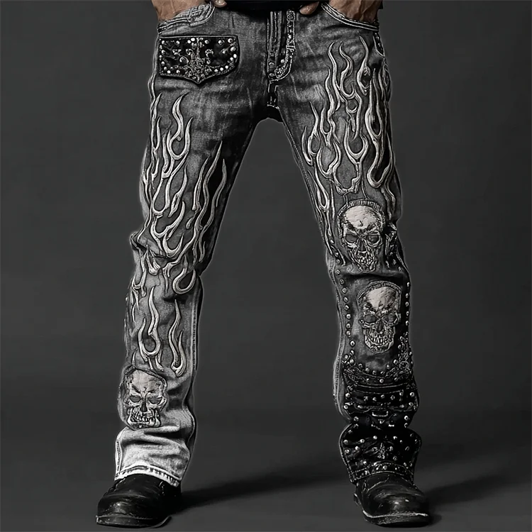 Men's Skulls On Flame Rock Studded Washed Jeans