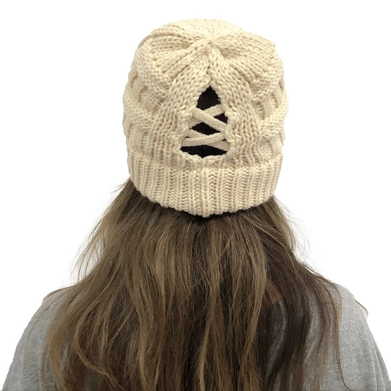 Wish New Bamboo Cross Ponytail Knitted Hat Back Opening Women’s Wool Warm Hat
