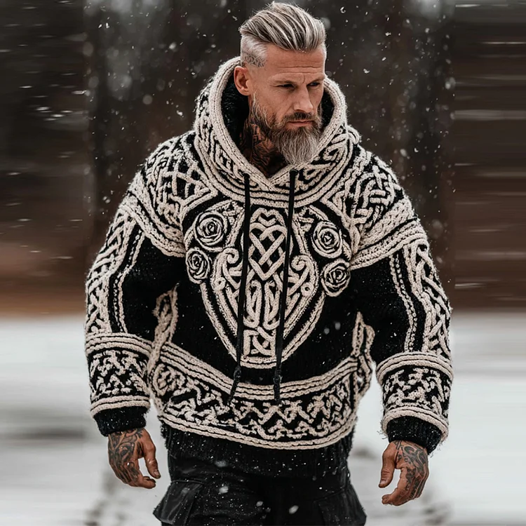 Men's Viking Tribal Jacquard Celtic With Rose Inspired Chunky Knit Hooded Sweater