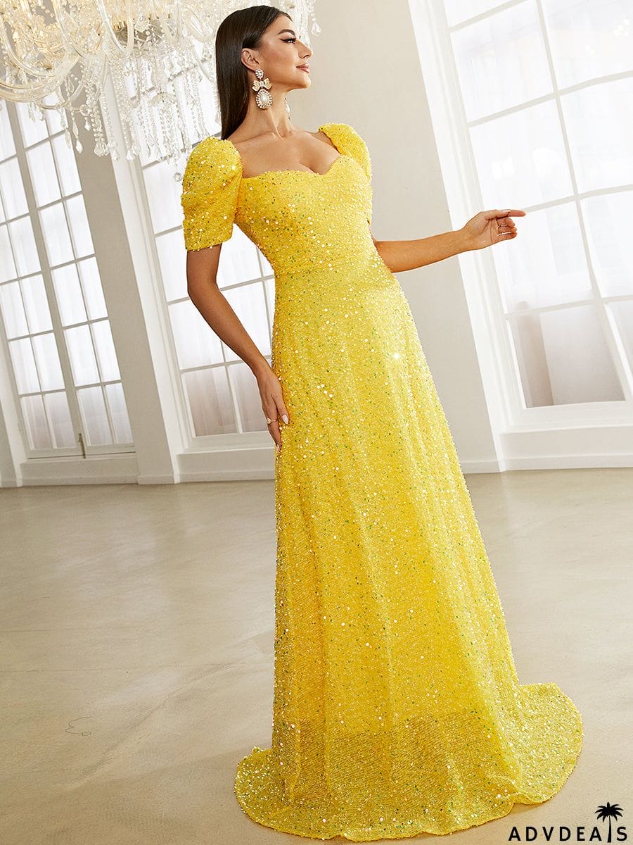 Light Yellow Floor Length Puff Sleeve Sequin Dress XJ1509
