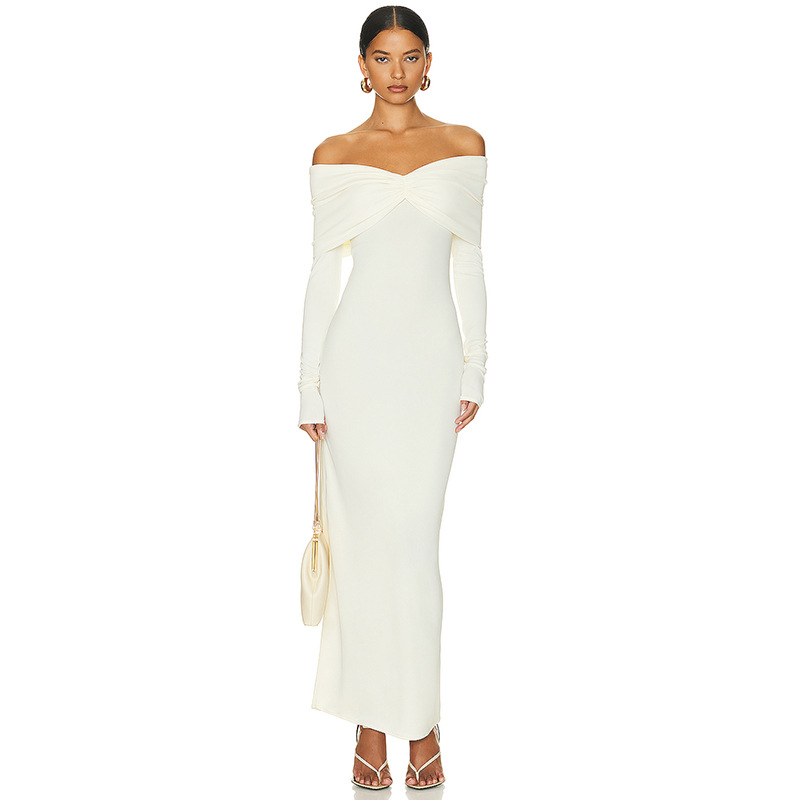 Ootddress White Pleated Slim Maxi Dress Elegant For Women Patchwork Off-Shoulder Fashion High Waist Dress Ladies Solid Party Dress