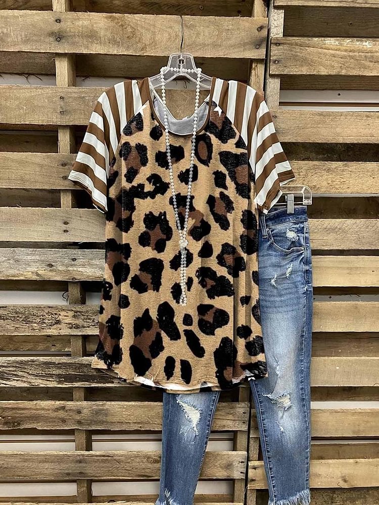 Women's New Leopard Print Crew Neck Short Sleeve T-Shirt