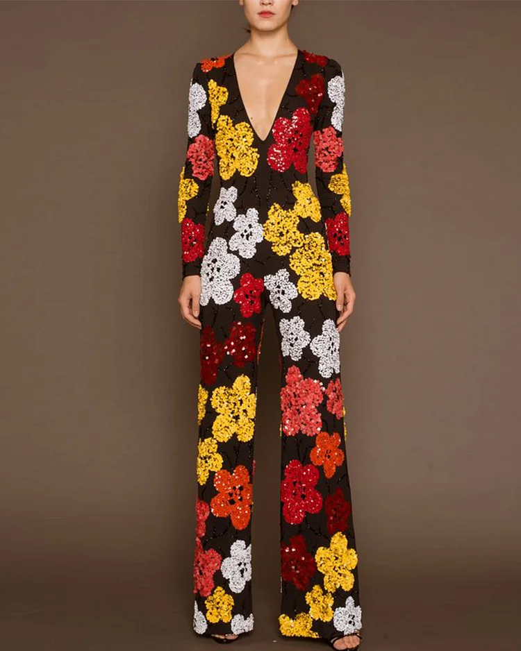Elegant V-neck sequin floral jumpsuit