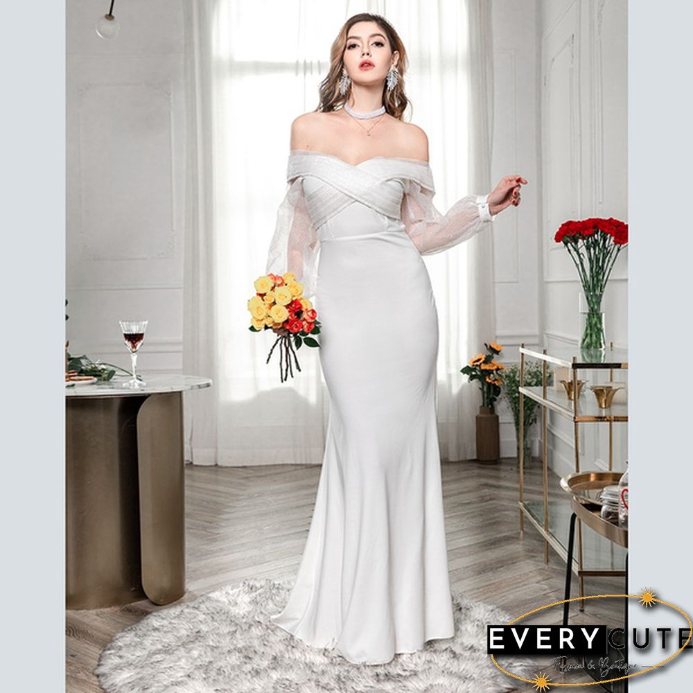 Women Fashion Evening Party Solid Color Drop Shoulder Wedding Dress