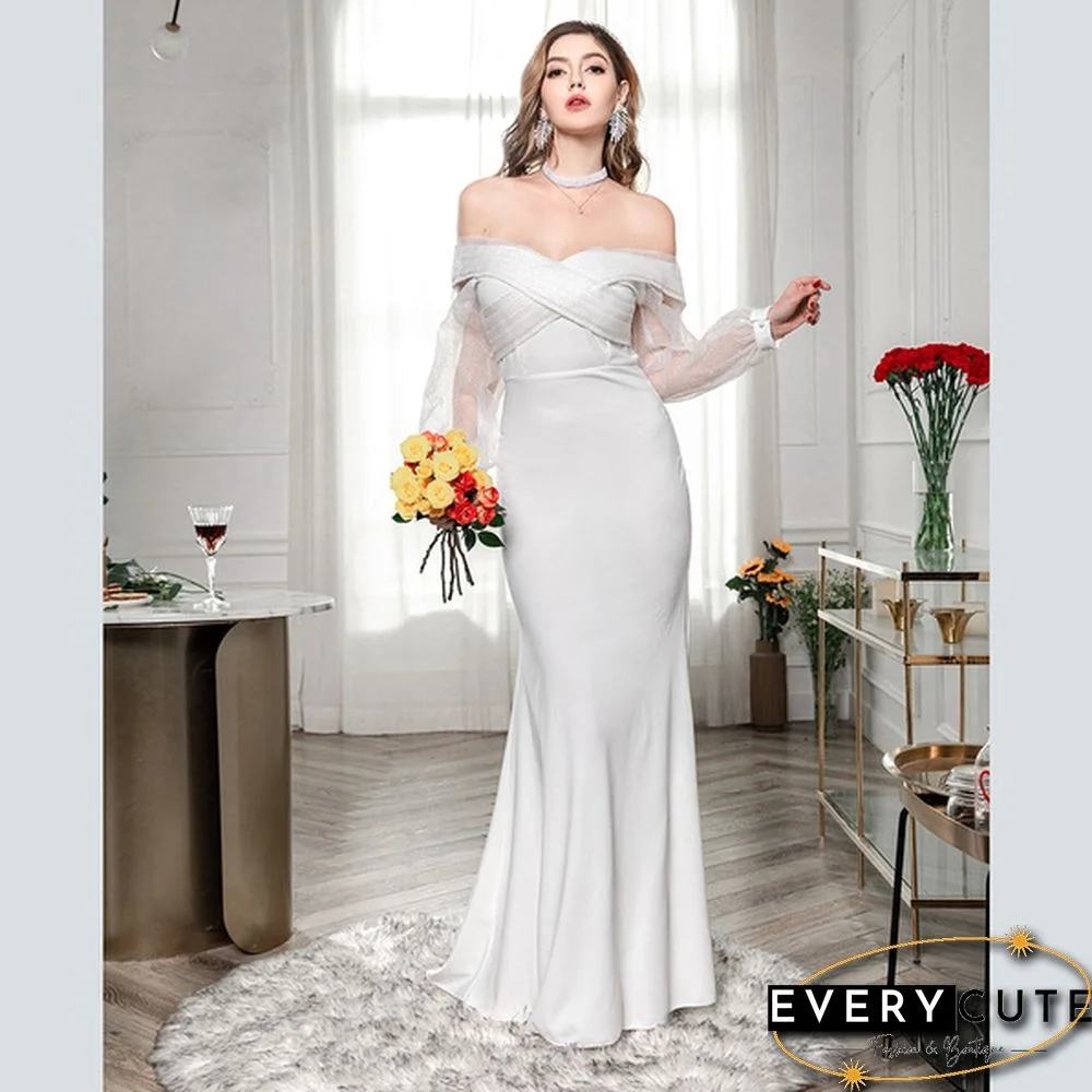Women Fashion Evening Party Solid Color Drop Shoulder Wedding Dress