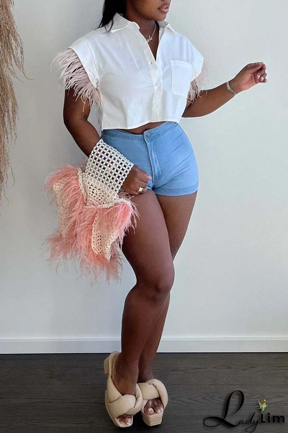 Green Casual Solid Patchwork Buckle Feathers Turndown Collar Tops