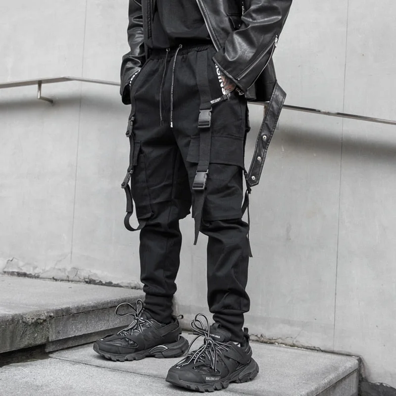 Hip Hop Joggers Men Black Harem Cargo Pants Multi-pocket Ribbons Man Sweatpants Streetwear Casual Mens Pants Fashion
