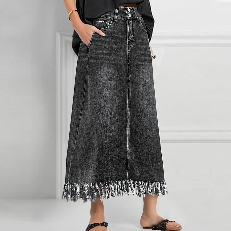 Denim High Rise Buttons Raw Edge Back Slit Midi Skirt