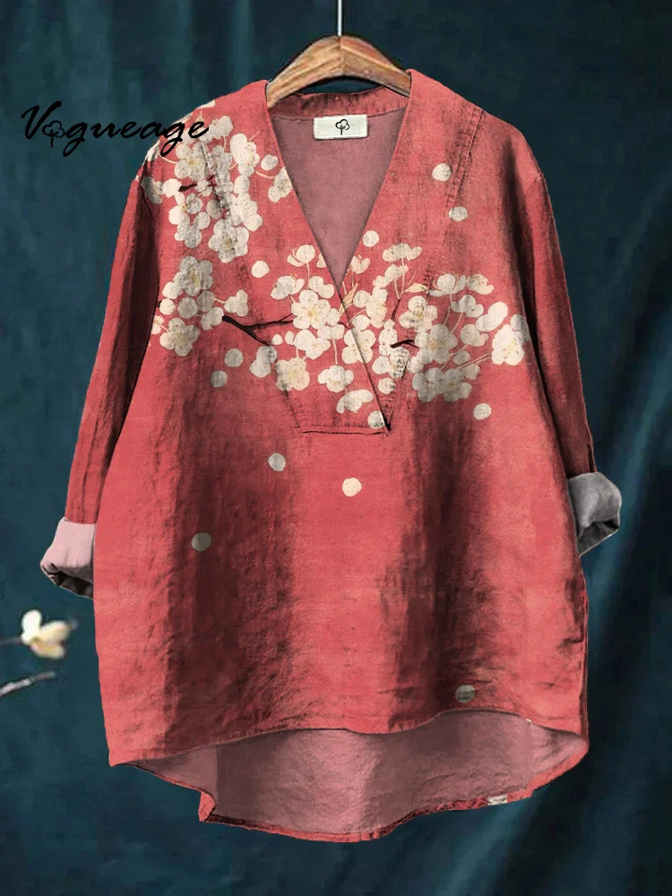 Elegant Gentle And Intellectual Plum Blossom Printed Cotton And Linen Shirt