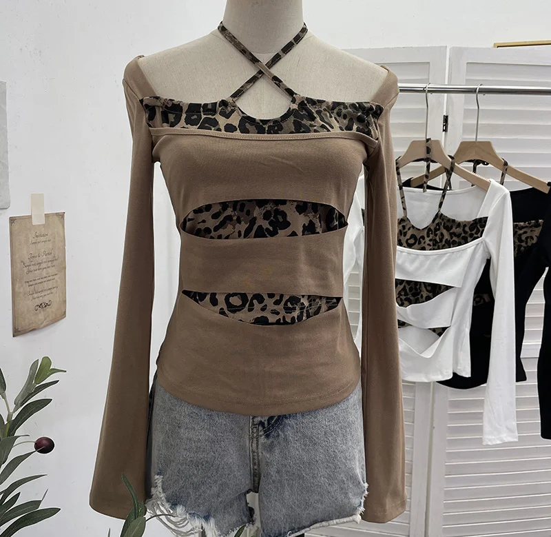 Nigikala Nigikala Shooting With Hanging Neck Leopard Print Splicing Two Long-Sleeved Tops A Short Shoulder Bottom T-Shirt 28787