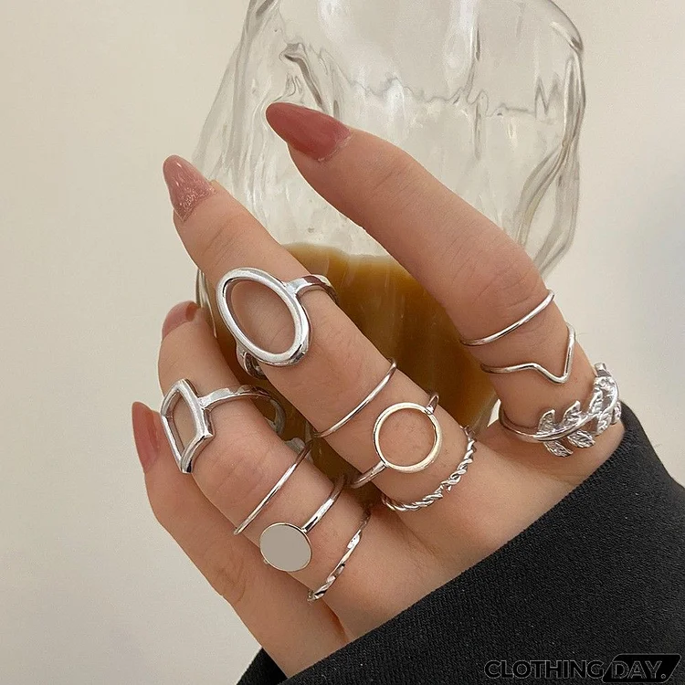 Women Fashion Simple Leaves Hollow Geometric Midi Rings