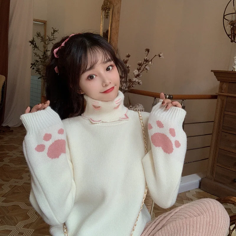 White/Khaki Sweet Cute Cat Paw Turtleneck Long Sleeve Sweater BE532