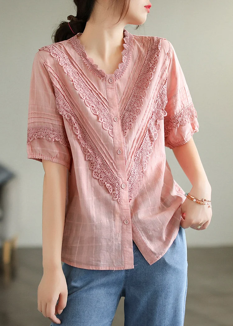 French Pink V Neck Lace Patchwork Button Cotton Shirt Short Sleeve