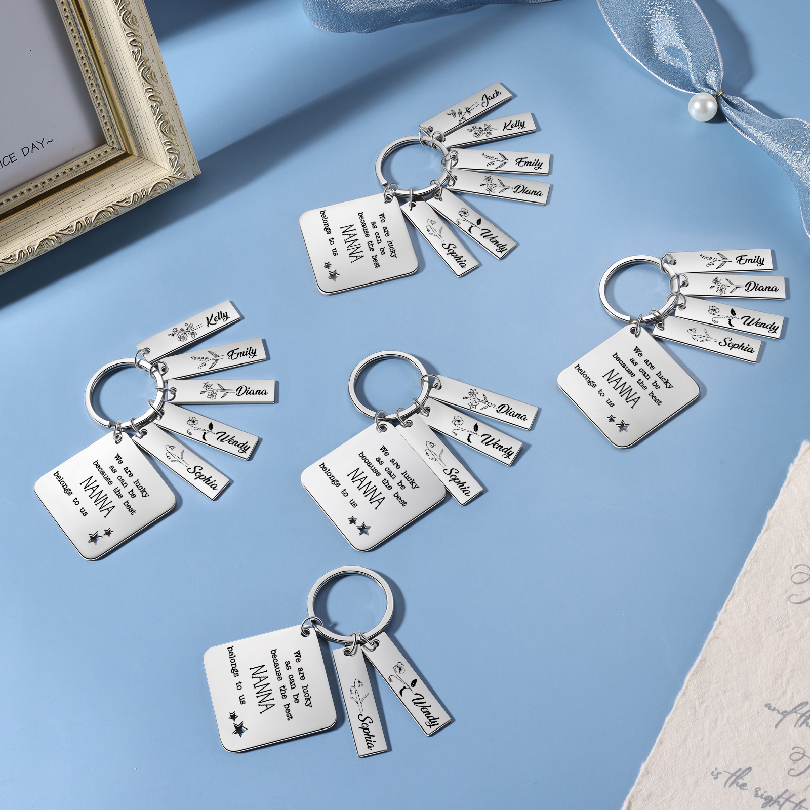 Personalised 5 Names & 5 Birth Flowers Keychain Custom Text Family Keychain Gifts for Mother/Grandma-Jessemade AU