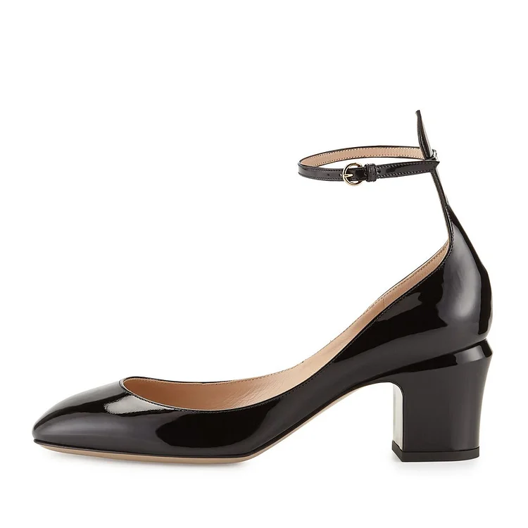Black Patent Leather Closed Toe Ankle Strap Low Heel Pumps for Women |FSJ Shoes