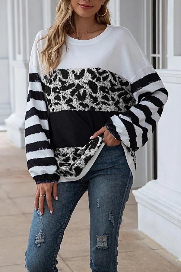 Womens Casual Leopard Stripe Stitching Round-neck Top-Allyzone-Allyzone