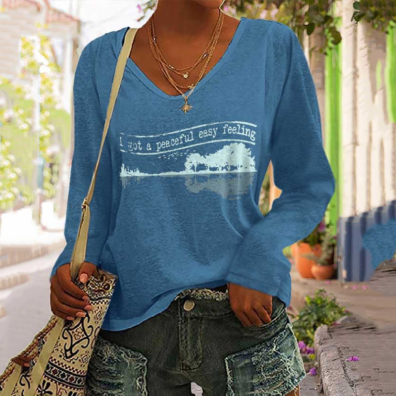 Got A Peaceful Easy Feeling Guitar Print Long Sleeve V Neck T-Shirt wearshes