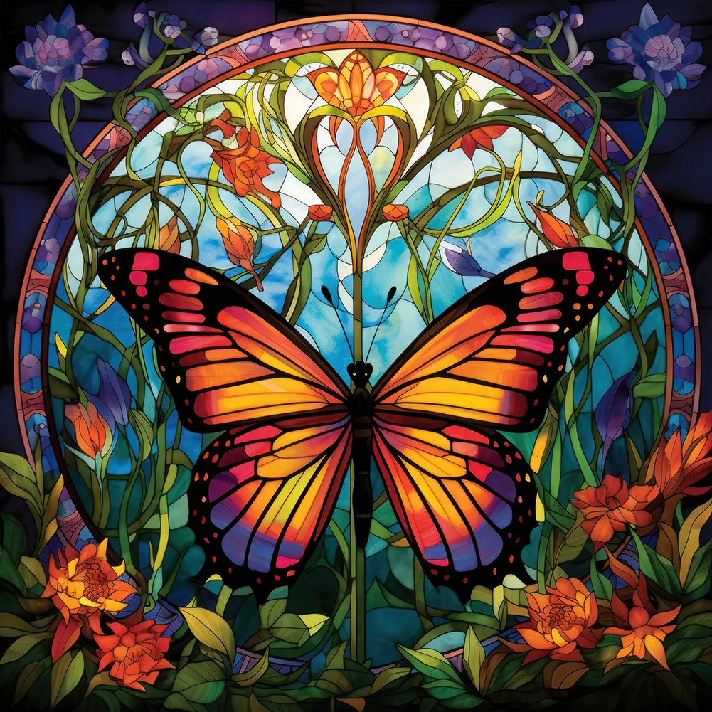 Full Round Diamond Painting - Stained Glass Garden Butterfly(Canvas|30*30cm)
