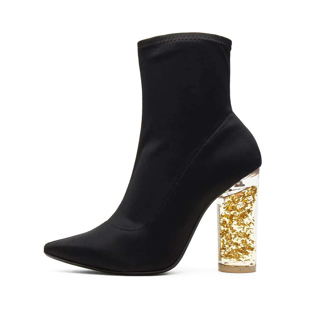 Black Fabric Pointed Toe Chunky Heel Slip On Ankle Boots for Women