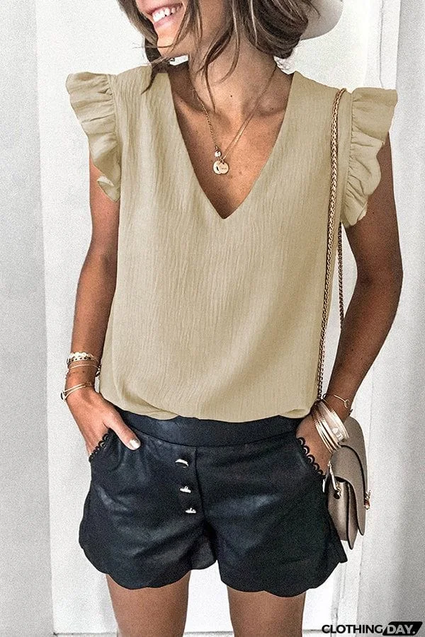 Casual T-shirt Solid V-neck Pullover Ruffle Sleeve Top