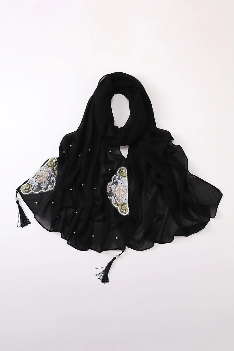 Floral Embroidery Tassel Pearl Chiffon Hijab Shayla Head Scarf
