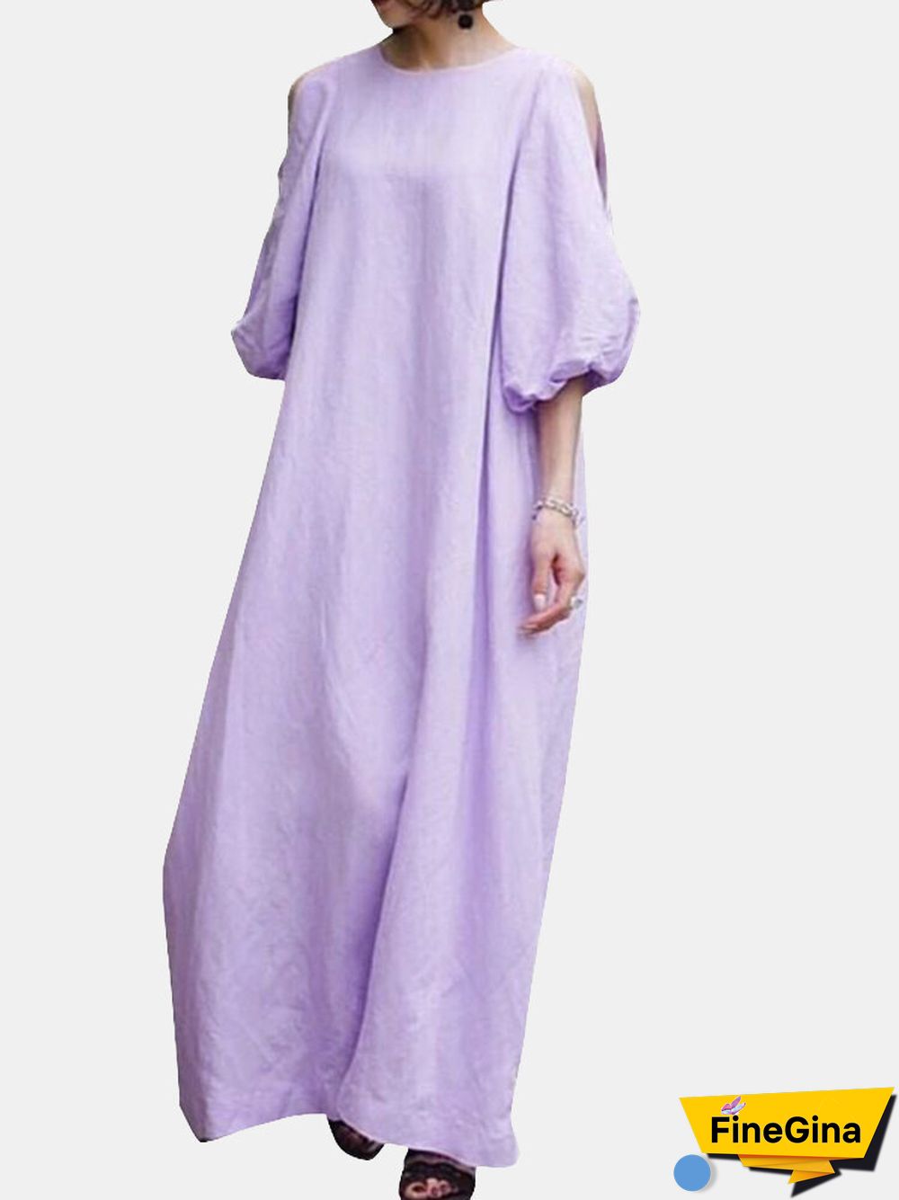 Solid Color Half Puff Sleeve O-neck Maxi Dress