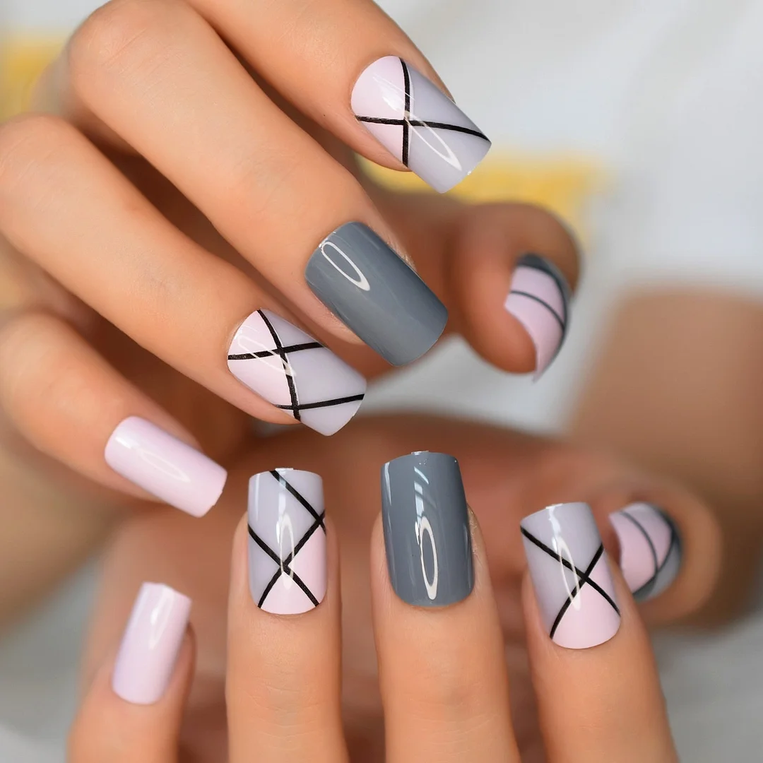 Grid Pink Gray Black Mixed Simple Desgins Nail Art Full Cover Press On Fake Nail Manicura Acrilico Acrylic Square Medium Nails