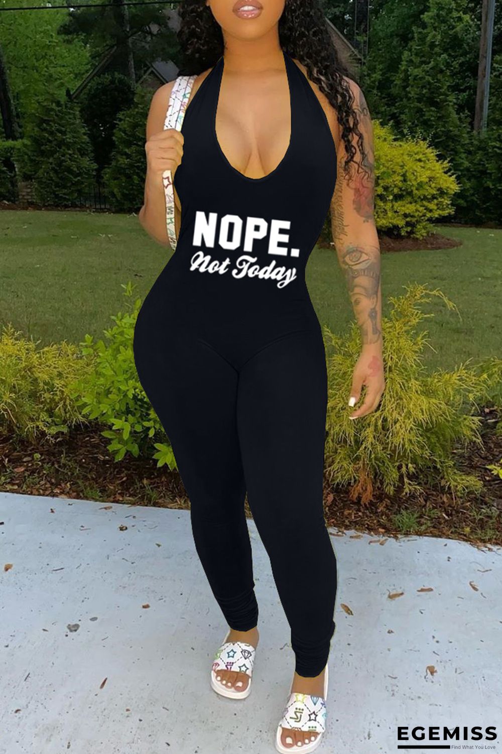 Black Fashion Casual Letter Print Backless Halter Skinny Jumpsuits | EGEMISS