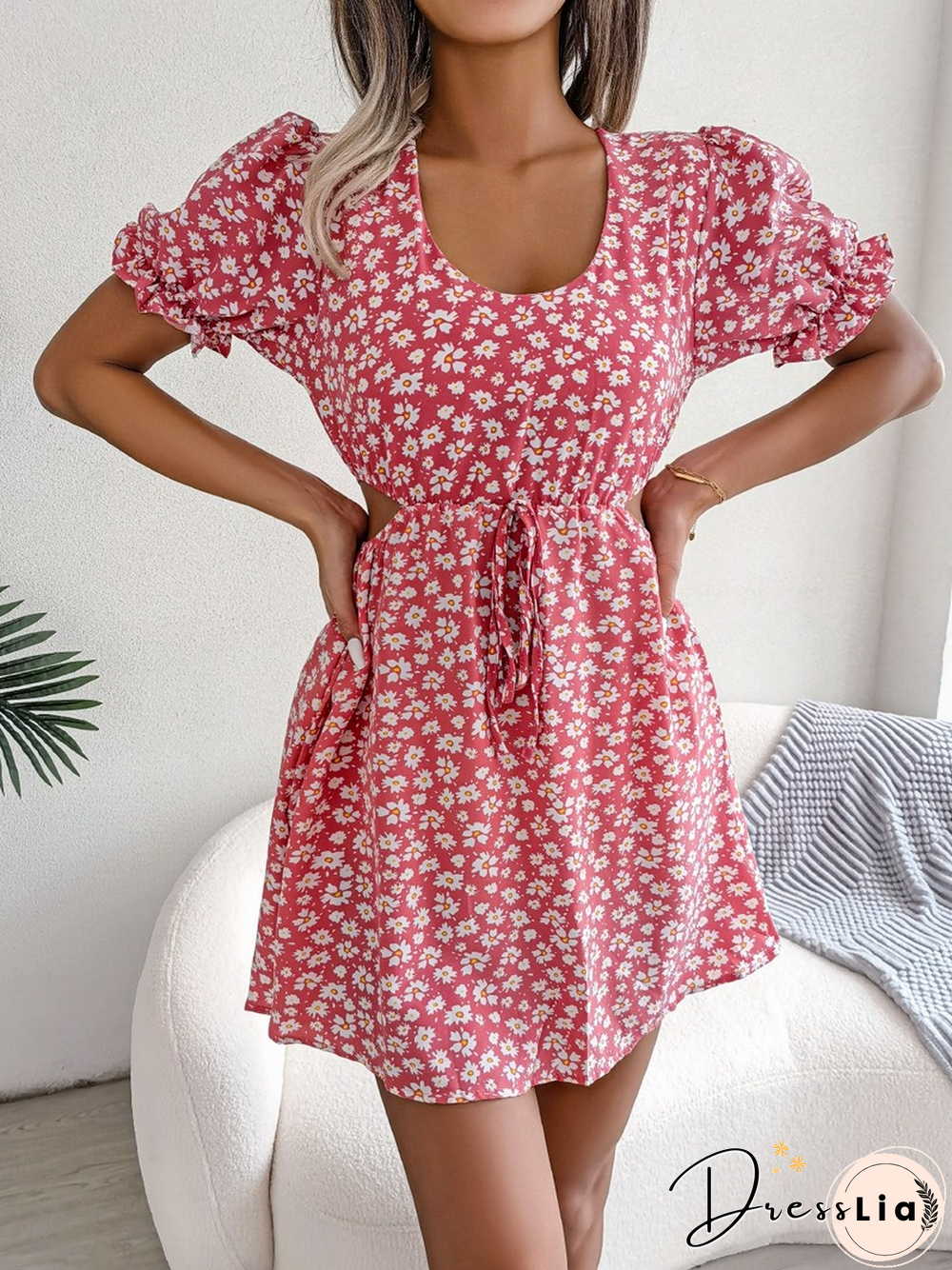 Elegant Floral Print Dress Women Summer Dresses New Casual Hollow Out Lace-up V-neck Short Puff Sleeve Mini Dress