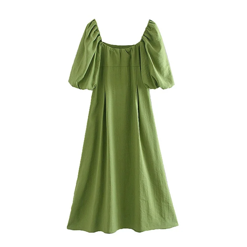 Aachoae Women Green Pleated Dress Puff Short Sleeve Ladies Dresses Square Collar Loose Knee Length Dress Sundress Ropa Mujer