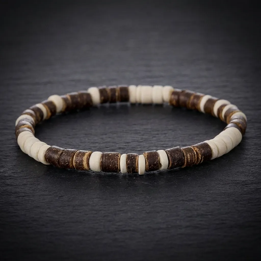 JiStones Coastal Drift | Artisanal Wood & Blue Coconut Heishi Bracelet Ivory Surf