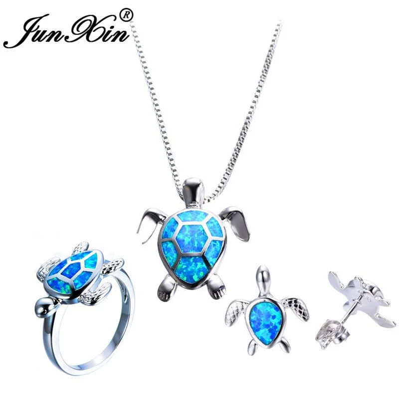 JUNXIN Cute Silver Color Turtle Wedding Jewelry Sets Blue Fire Opal Animal Pendant Necklace & Earrings & Ring Set