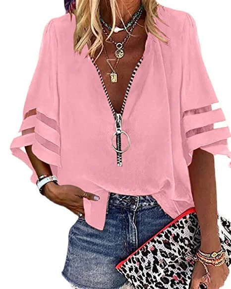 Brownm Zipper Half Bell Sleeve Mesh Solid Color Stitching Loose Casual Women's Shirt