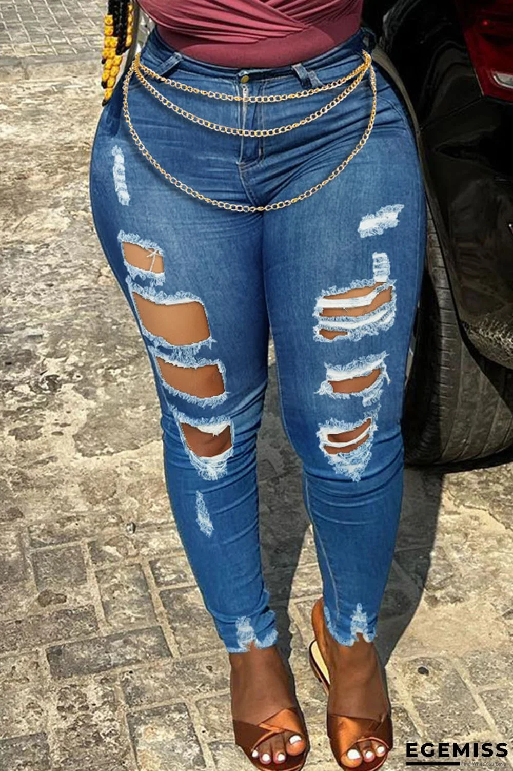Blue Sexy Street Solid Ripped Patchwork Metal Accessories Decoration High Waist Denim Jeans | EGEMISS