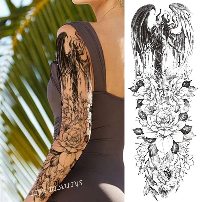 Sdrawing Temporary Full Arm Tattoos Man Women Cool Leg Art Tiger Wolf Black Sleeve Large Fake Sticker Glitter Multiple Style