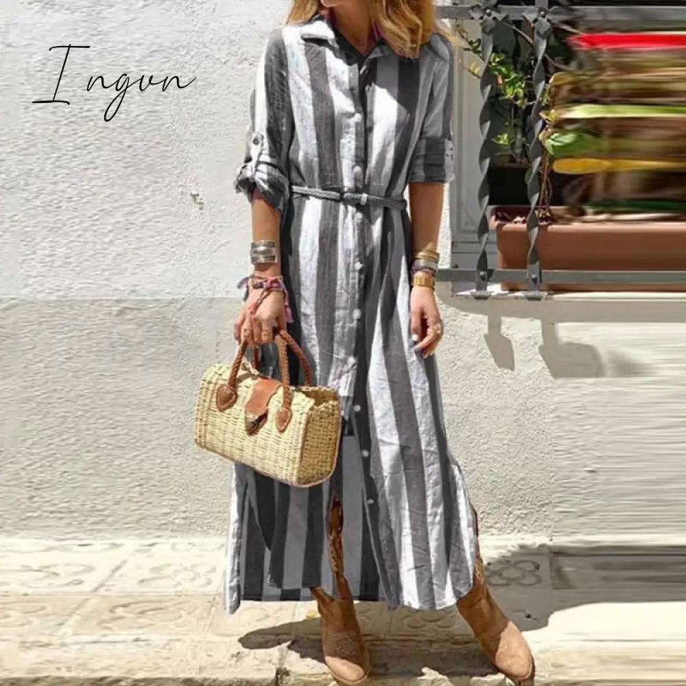 Ingvn - 2023 Fashion Trends Autumn Casual Long Sleeve Office Shirt Dress Elegant Striped Print