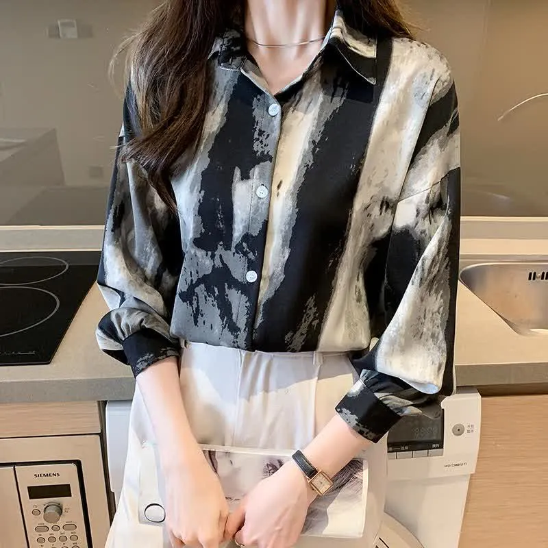 Vintage Ink Painting Long Sleeve Lapel Shirt Workwear