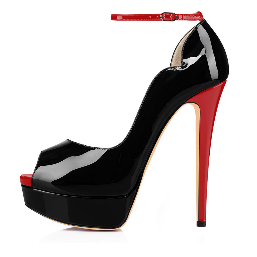 15cm/5.9 inch Ankle Strap Platform Shoes High Heels Peep Toe Patent Pumps