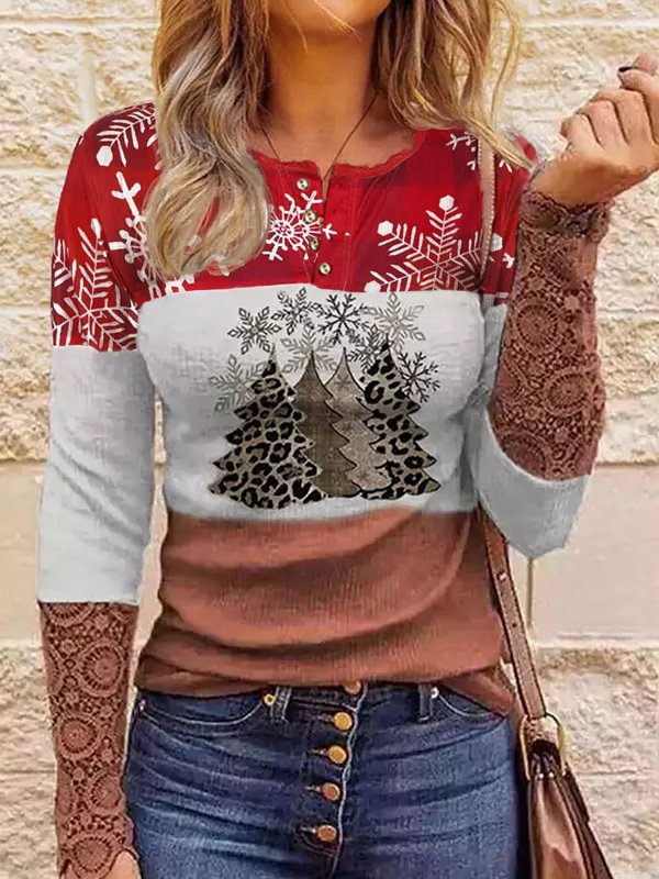 Lace Splicing Button Leopard Tree Snowflake Blouse