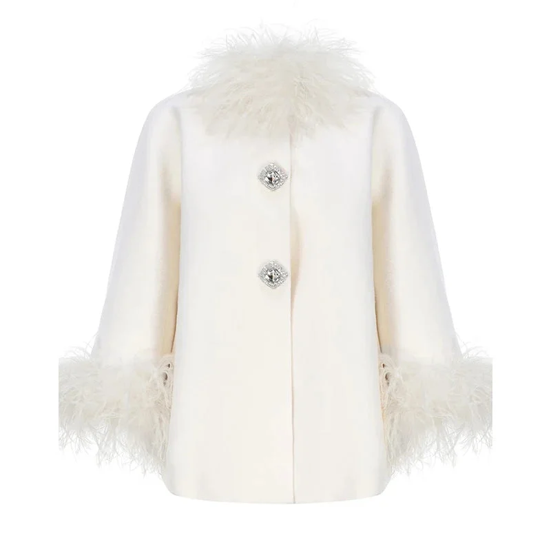 Toloer Feather Collar Cape Rhinestone Buttoned Coat-Outfit Ideas