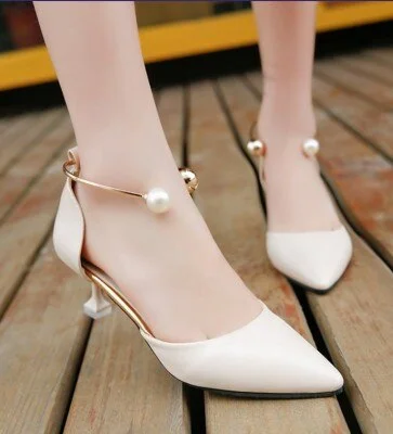 Pearl Low Pumps Summer Pointed Shoes Party Low Heel Shoes Woman New Sexy Black Pink Heels White Bridal Shoes Sandalha Feminina
