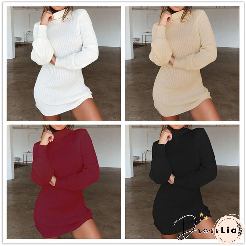 Women Autumn and Winter Long Sleeve Knitted Sweater Dress Ladies Fashion Keep Warm Knitting High Collar Slim Fit Bottoming Mini Knitting Dress