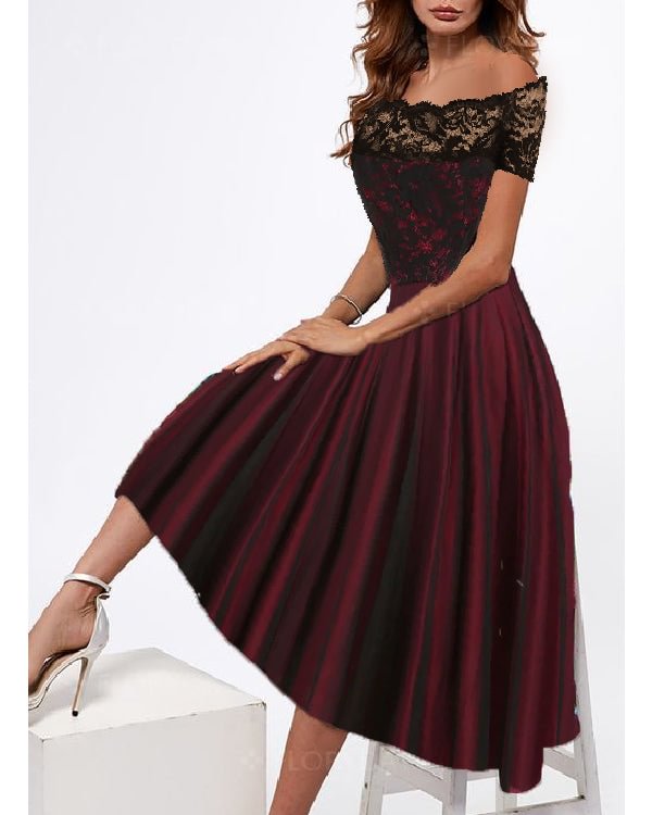 Short-Sleeve Off-Shoulder Lace Mesh Waist-Up Vintage Dress - Chicaggo