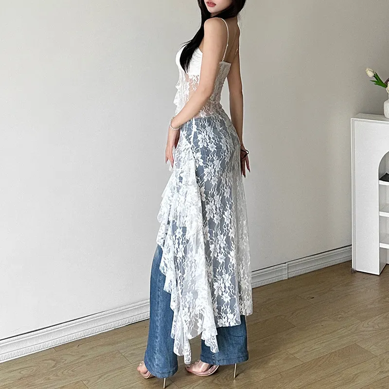 Uveng 2024 Summer New Women's Clothing Pure Hot Girl Wind Hollow Lace Irregular Pendulum Dress