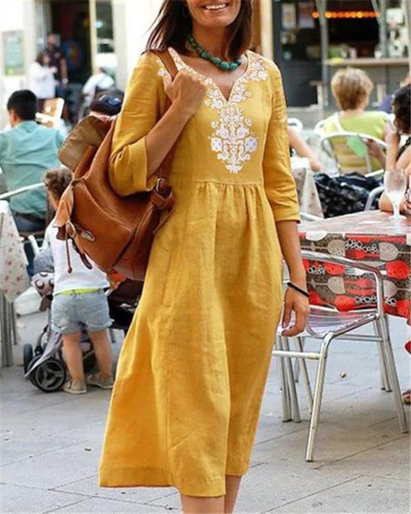 Women's Code V Collar Mid-Sleeve Print Dress