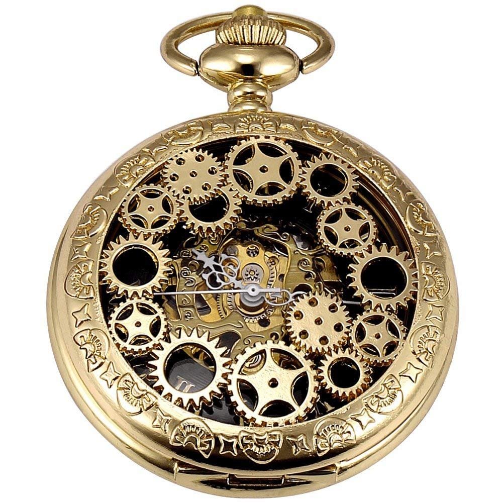 Steampunk Blue Hands Scale Mechanical Skeleton Pocket Watch with Chain Xmas Fathers Day Gift